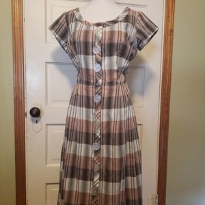 (SOLD) 1950s Brown Tan and White Plaid Dress